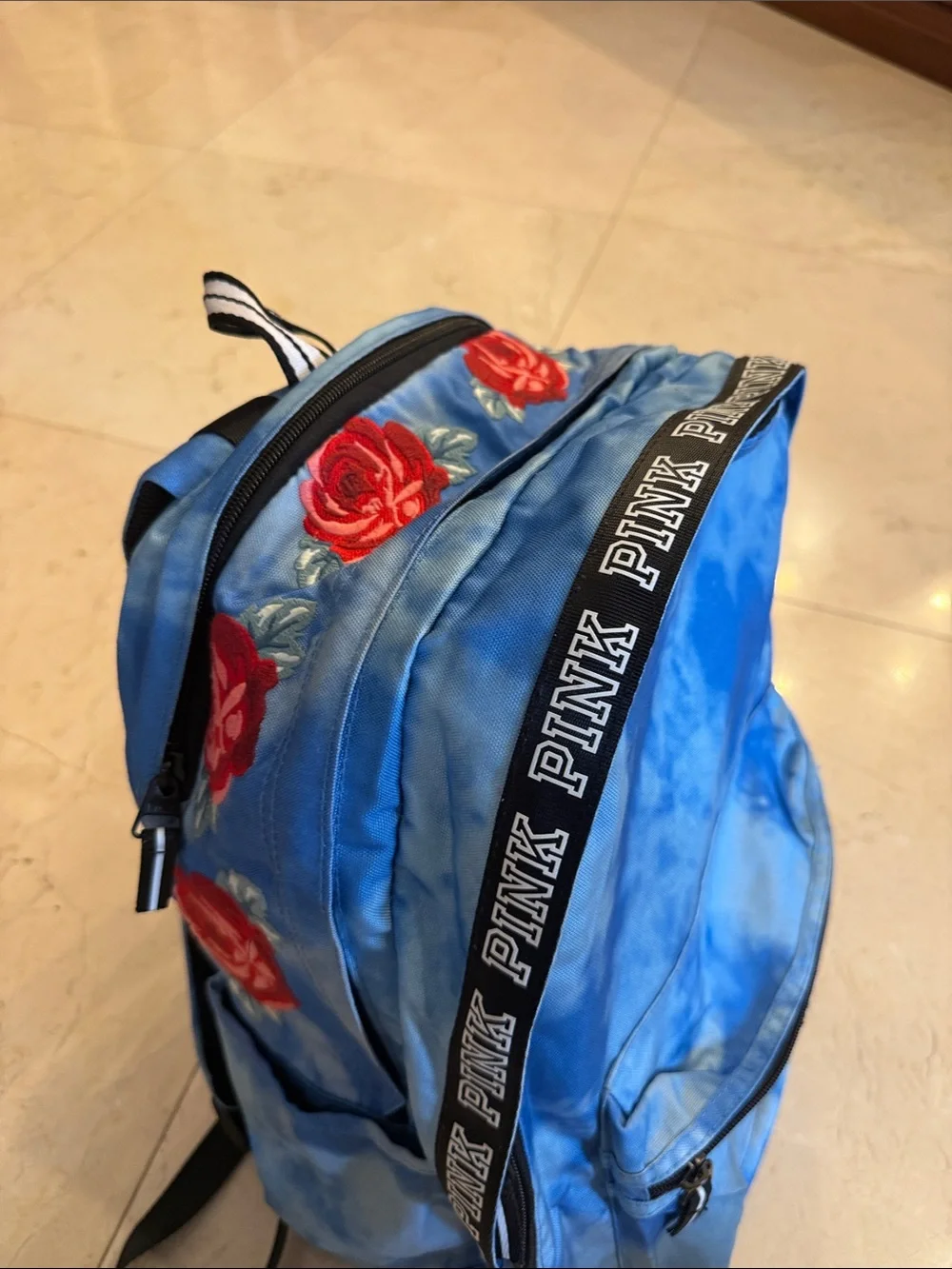 PINK Victoria's Secret Blue Tie-Dye Backpack with 'P' Patch